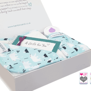 Baby massage kit gift for newborn new mum new dad. The kit includes a polar bear patterned baby massage mat, the bumbino, kokoso coconut oil, baby massage guide, online baby massage course