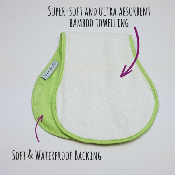 Picture of a bumbino (for nappy-free time) with a description showing that one side is made from super-soft, ultra-absorbent bamboo towelling and the other is made from a soft waterproof backing.