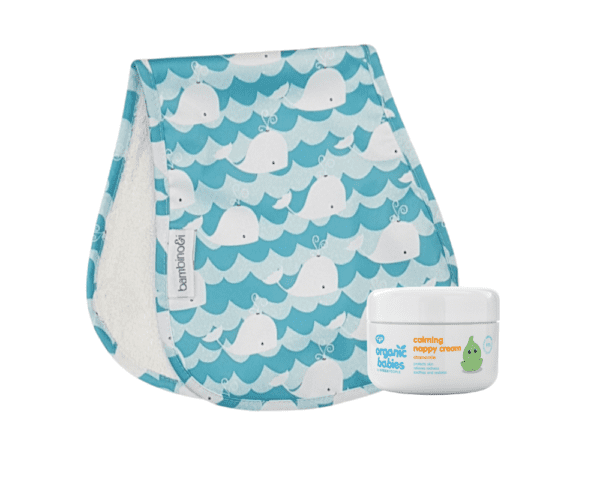 Whale pattern bumbino with the Green People's Calming Nappy Cream