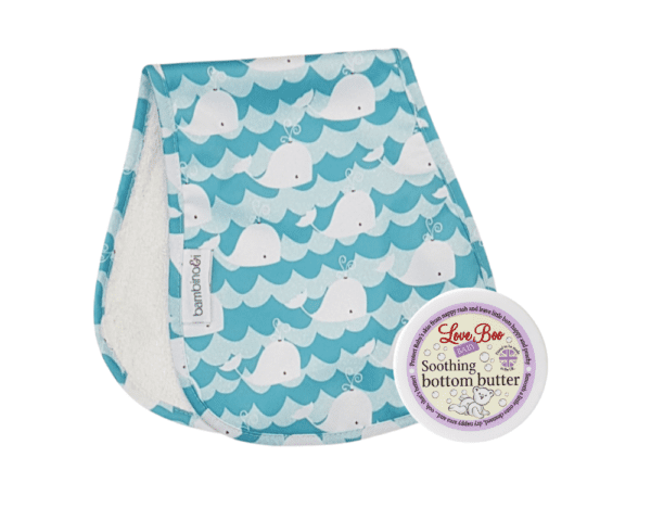 Whale patterned bumbino with Love Boo Soothing Bottom Butter to help with nappy rash and nappy-free time