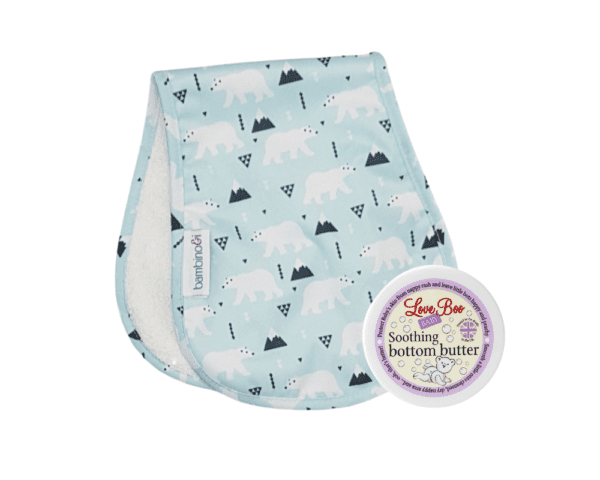 Polar bear bumbino with Love Boo Soothing Bottom Butter to help with nappy rash and nappy-free time