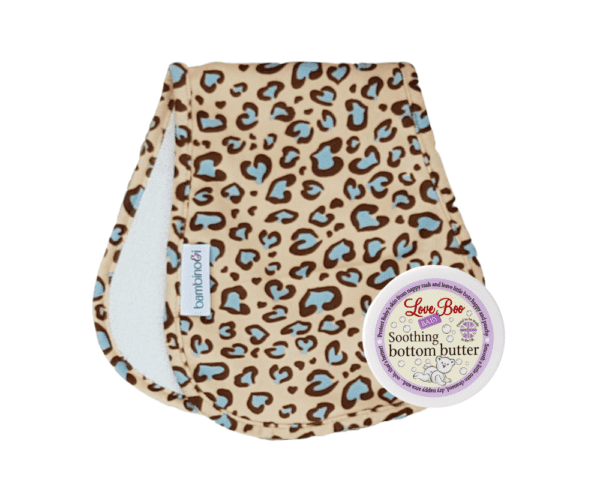 Leopard print bumbino with Love Boo Soothing Bottom Butter to help with nappy rash and nappy-free time