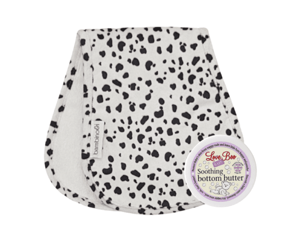 Dalmation print bumbino with Love Boo Soothing Bottom Butter to help with nappy rash and nappy-free time