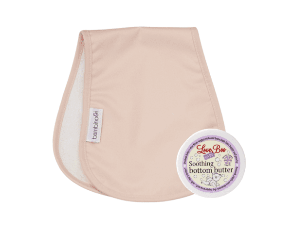 Peach bumbino with Love Boo Soothing Bottom Butter to help with nappy rash and nappy-free time