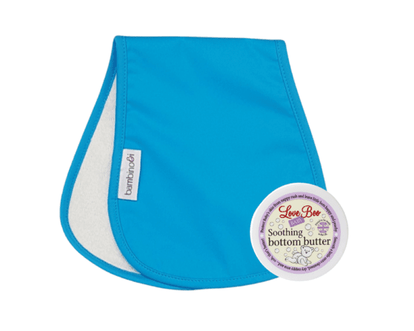 Blue bumbino with Love Boo Soothing Bottom Butter to help with nappy rash and nappy-free time