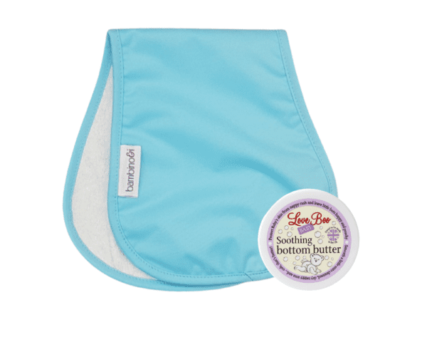 Light blue bumbino with Love Boo Soothing Bottom Butter to help with nappy rash