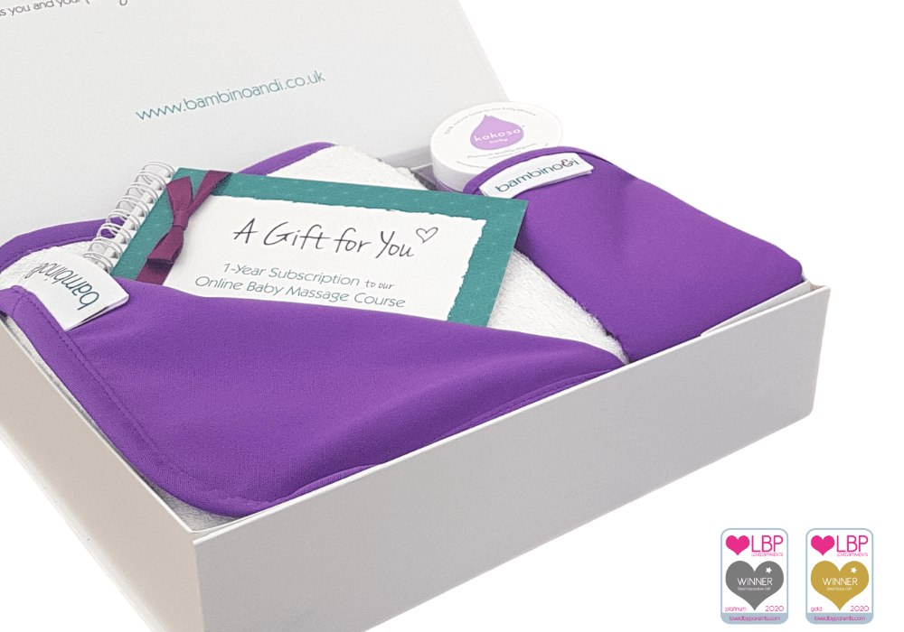 Baby massage kit gift for newborn new mum new dad. The kit includes a purple baby massage mat, the bumbino, kokoso coconut oil, baby massage guide, online baby massage course