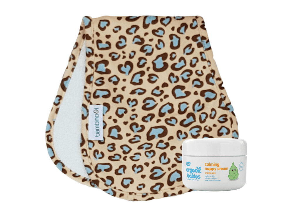 Leopard print bumbino with the Green People's Calming Nappy Cream